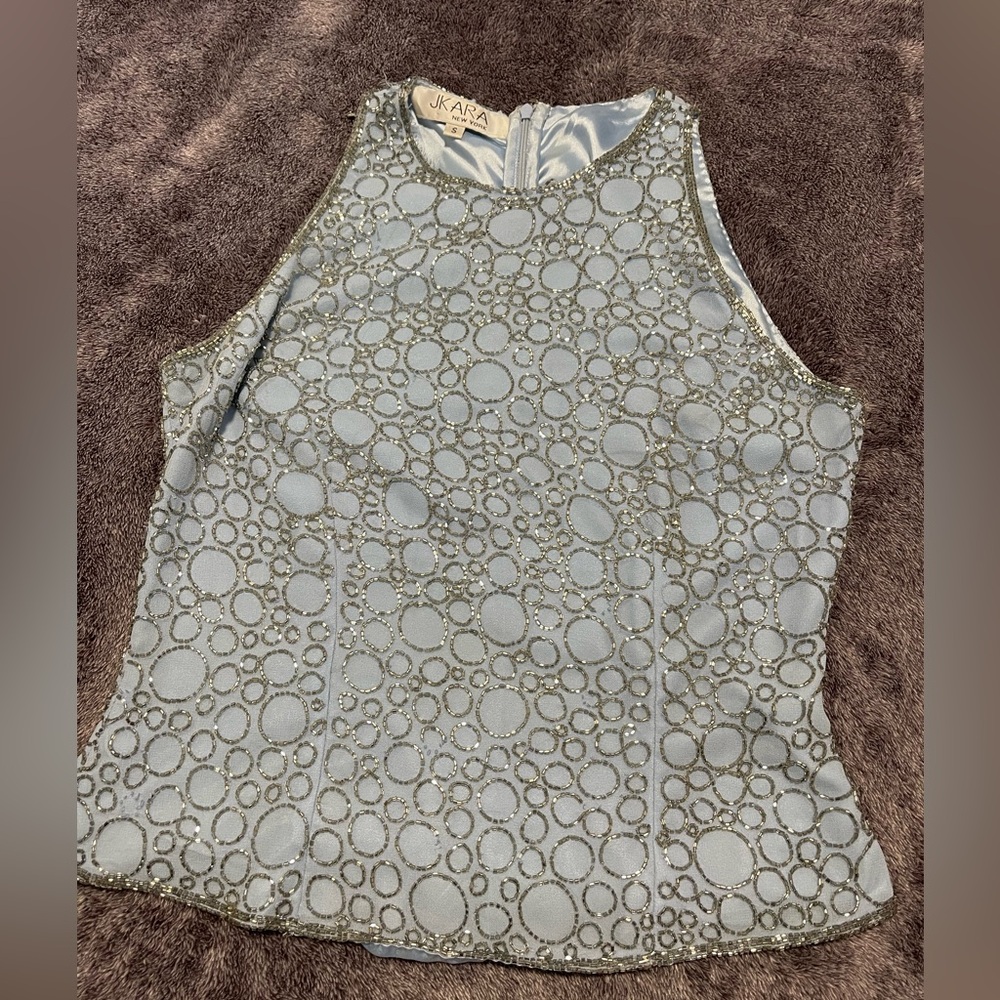 J Kara Silver and Blue Circle Pattern Blouse